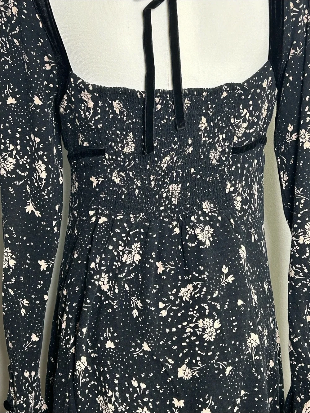 Free People Black Cream Floral Long-Sleeve  Dress mini dress velvet trim